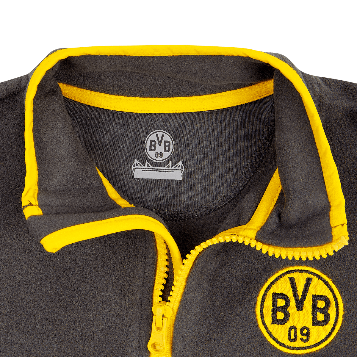 La veste polaire du BVB pour bébés et jeunes enfants, avec un motif noir et jaune, le logo du BVB et une fermeture éclair.