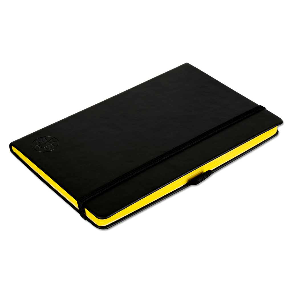 High-quality black notebook featuring the BVB design, with a yellow border and an embossed BVB logo—the perfect accessory for Borussia Dortmund fans.