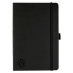 Black BVB notebook with a subtle BVB logo in the lower corner and an elastic band closure, ideal for Borussia Dortmund fans.
