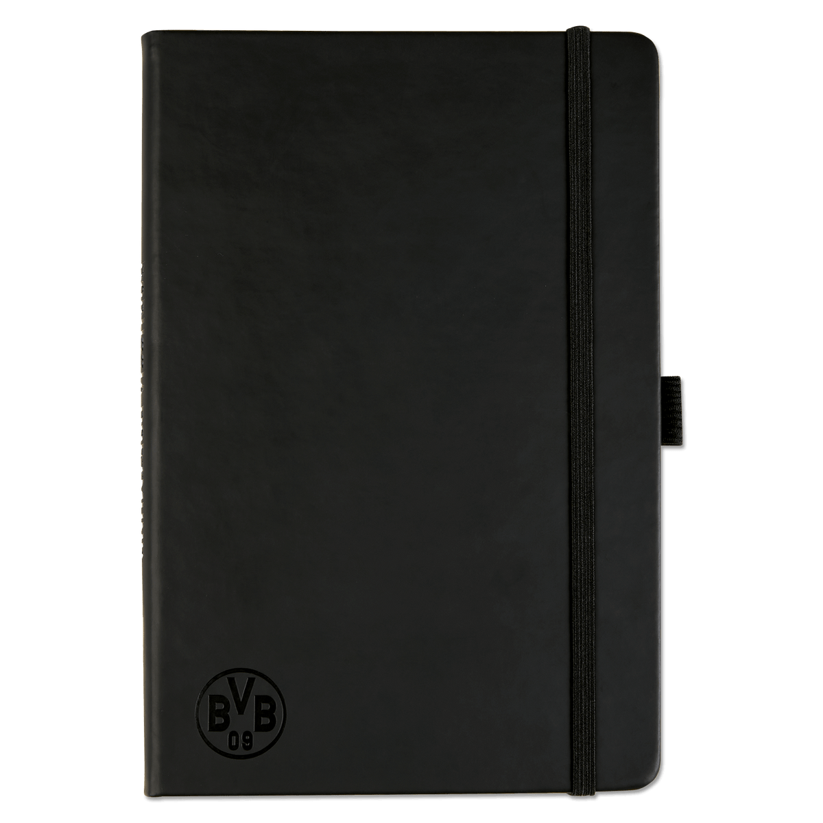 Cuaderno negro del BVB con un discreto logotipo del BVB en la esquina inferior y cierre con goma elástica, ideal para los aficionados del Borussia Dortmund.