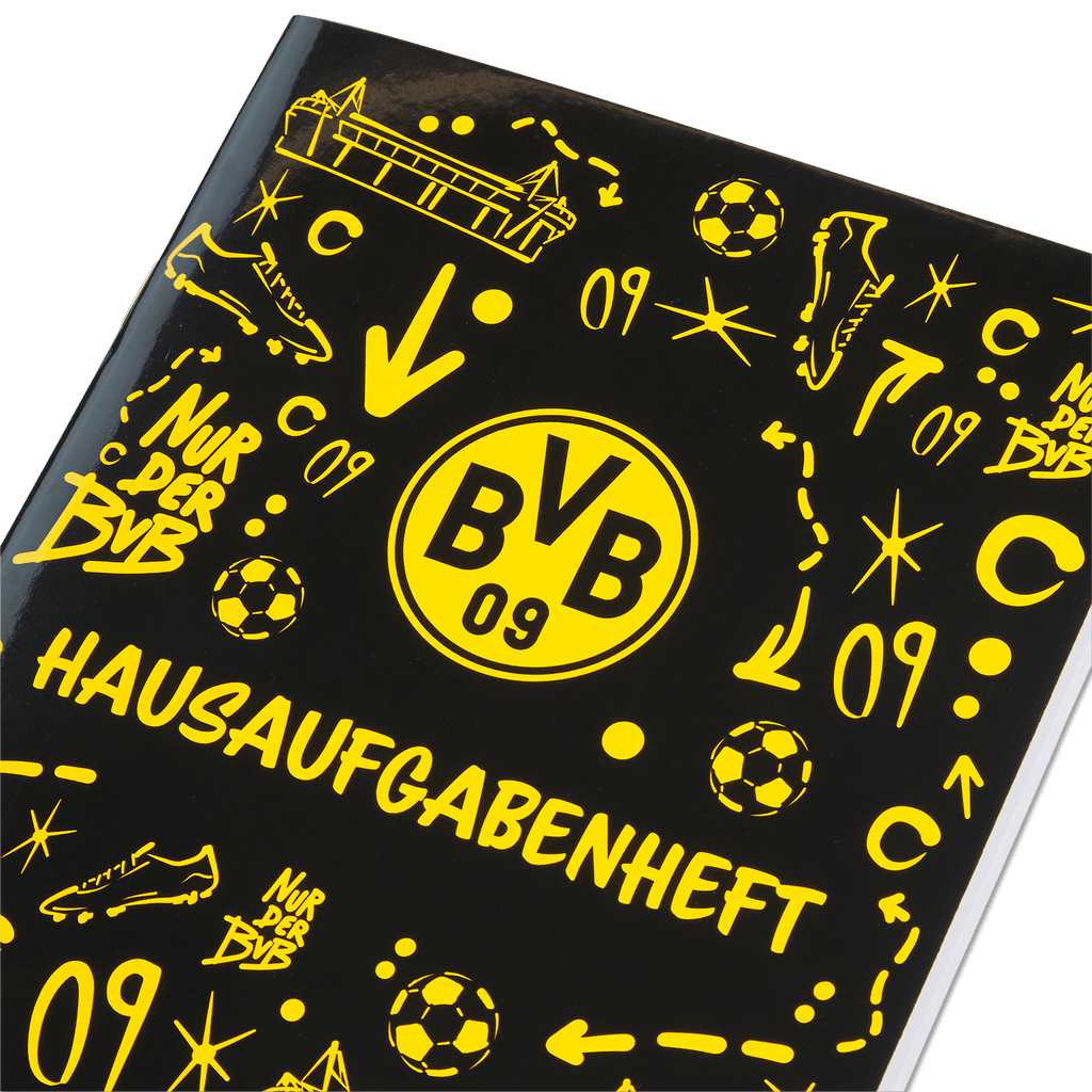 A5サイズの黒いBVB用宿題ノート。黄色のクラブグラフィック、BVBのロゴ、そしてボルシア・ドルトムントのデザインを取り入れた遊び心あふれる要素が施されています。