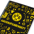 A5サイズの黒いBVB用宿題ノート。黄色のクラブグラフィック、BVBのロゴ、そしてボルシア・ドルトムントのデザインを取り入れた遊び心あふれる要素が施されています。