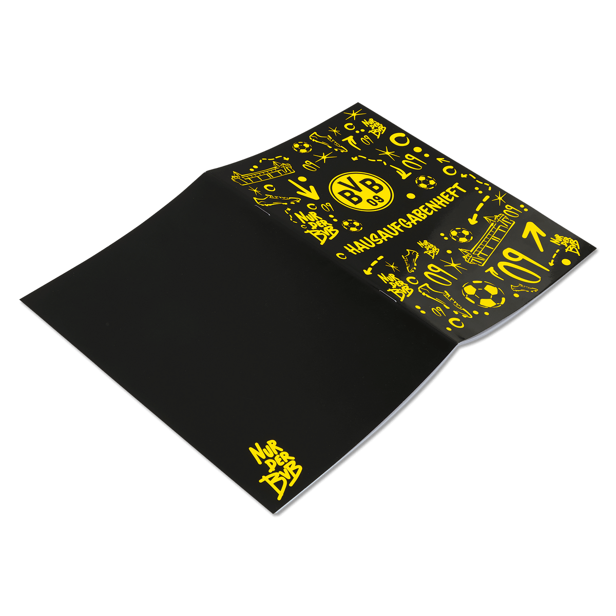 Quaderno dei compiti nero del BVB in formato A5 con logo giallo del BVB, elementi grafici e la scritta "Hausaufgabenheft", perfetto per la scuola e per i tifosi.