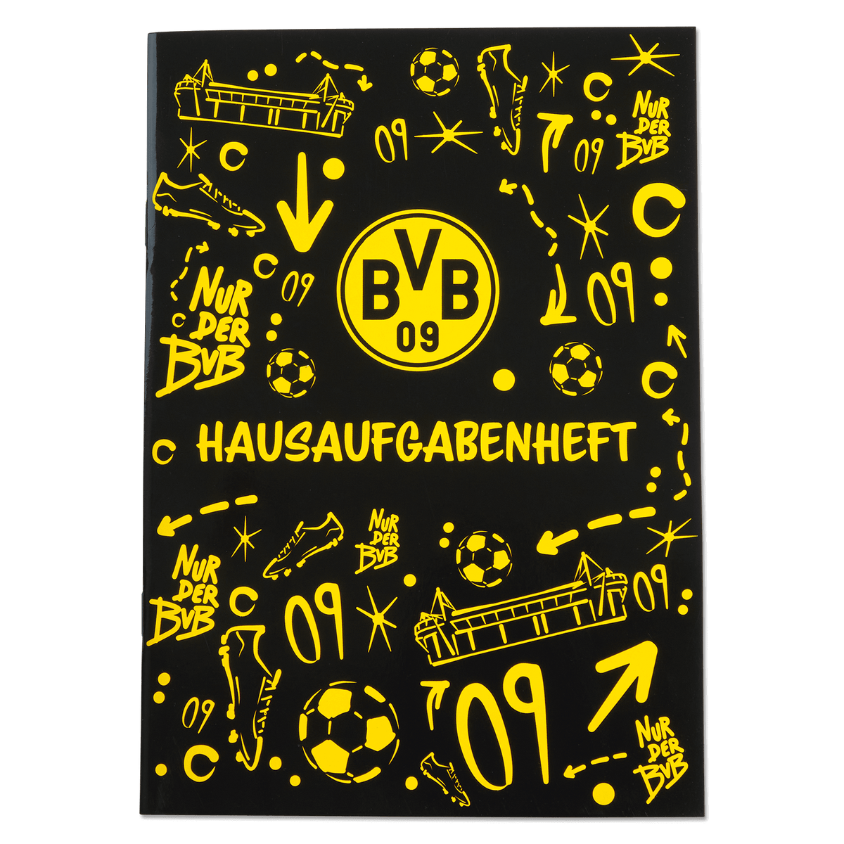 Schwarzgelbes BVB-Hausaufgabenheft im A5-Format mit Vereinslogo von Borussia Dortmund, Fußballsymbolen und Signal Iduna Park Design.