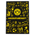 Quaderno dei compiti del BVB nei colori nero e giallo, in formato A5, con il logo del Borussia Dortmund, simboli calcistici e il design del Signal Iduna Park.