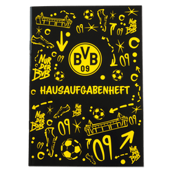 Black-and-yellow BVB homework notebook in A5 format featuring the Borussia Dortmund club logo, soccer symbols, and the Signal Iduna Park design.