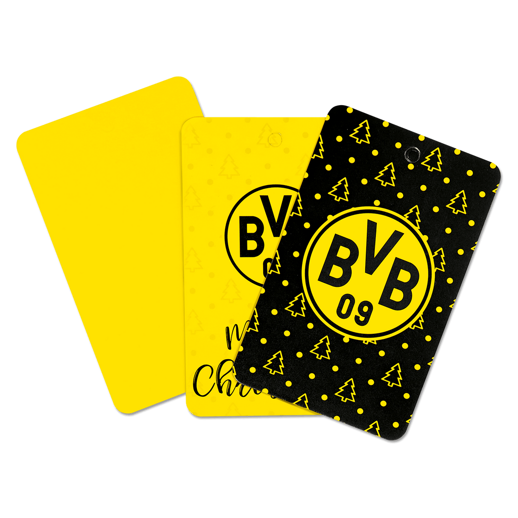 Juego de etiquetas para regalos del Borussia Dortmund en colores negro y amarillo, con motivos navideños y el logotipo del BVB 09, ideal para los aficionados en Navidad.