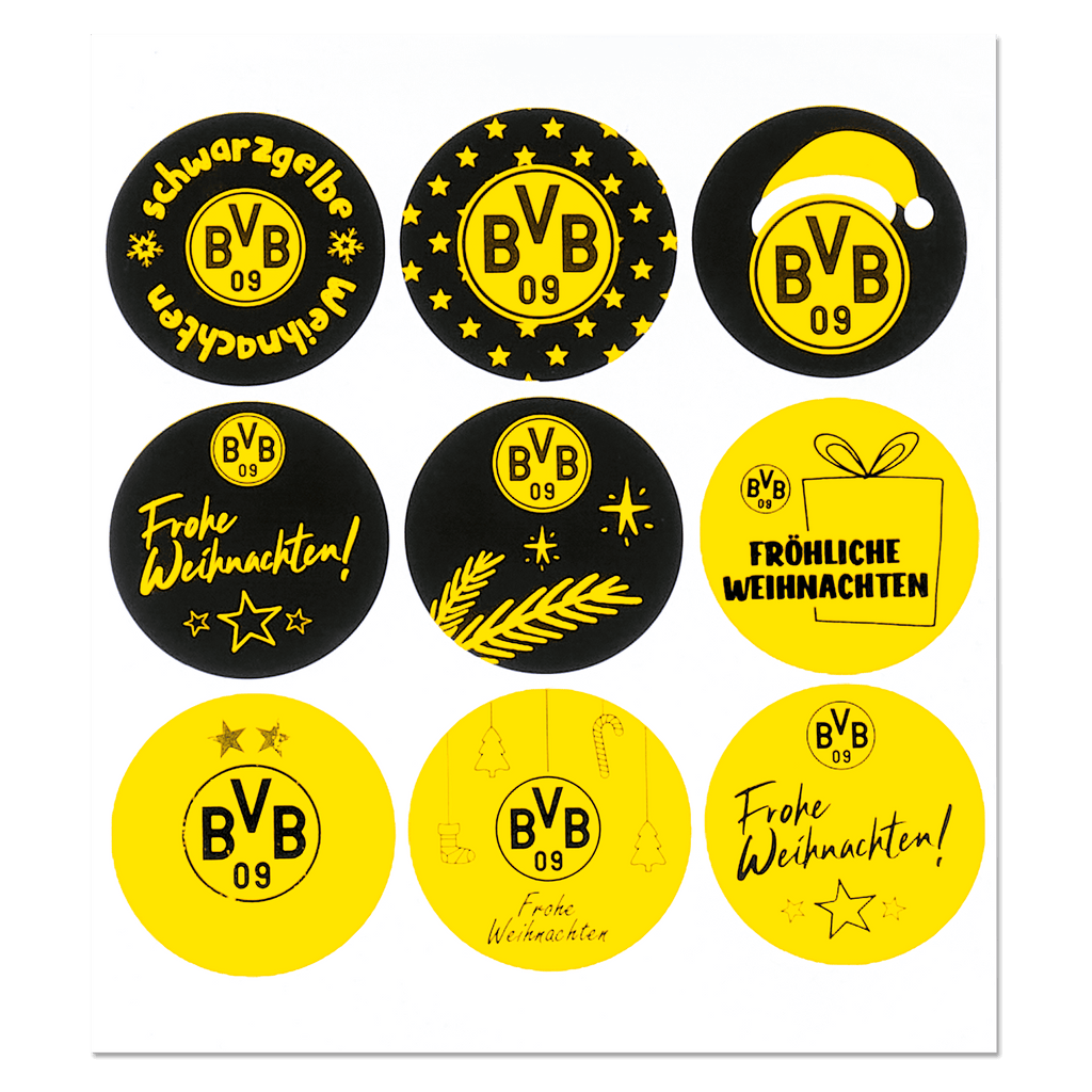Juego de etiquetas para regalos del Borussia Dortmund con diseños del BVB en negro y amarillo y motivos navideños, ideal para decorar y personalizar regalos.