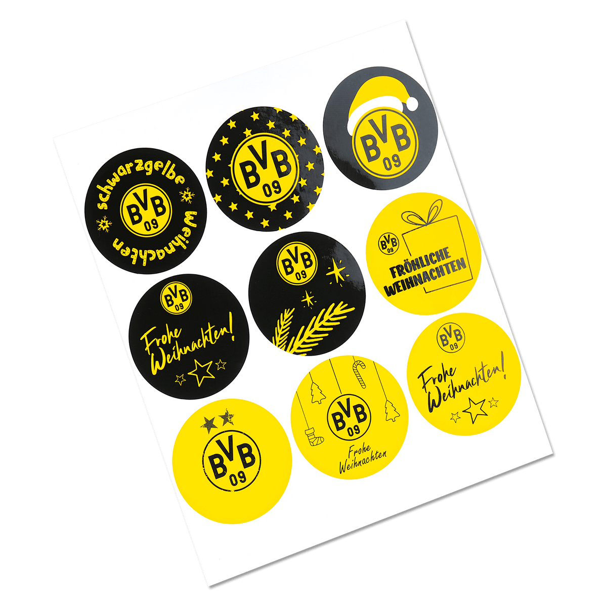 El juego de etiquetas para regalos del BVB incluye diversos motivos navideños en los colores negro y amarillo con logotipos del BVB 09 y mensajes navideños.