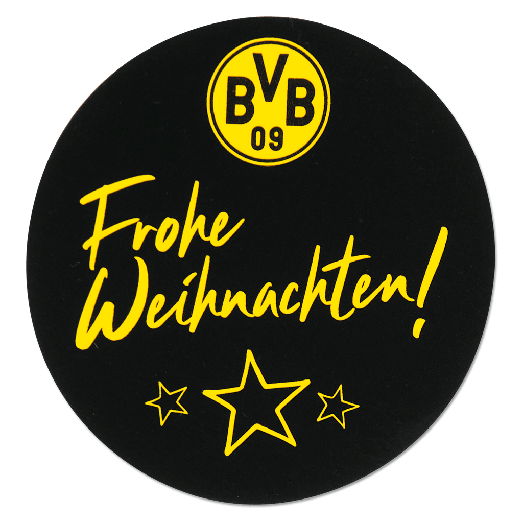 Etiqueta de regalo redonda y negra del BVB con el logotipo amarillo del Borussia Dortmund, la inscripción «¡Feliz Navidad!» y un diseño de estrella amarilla.