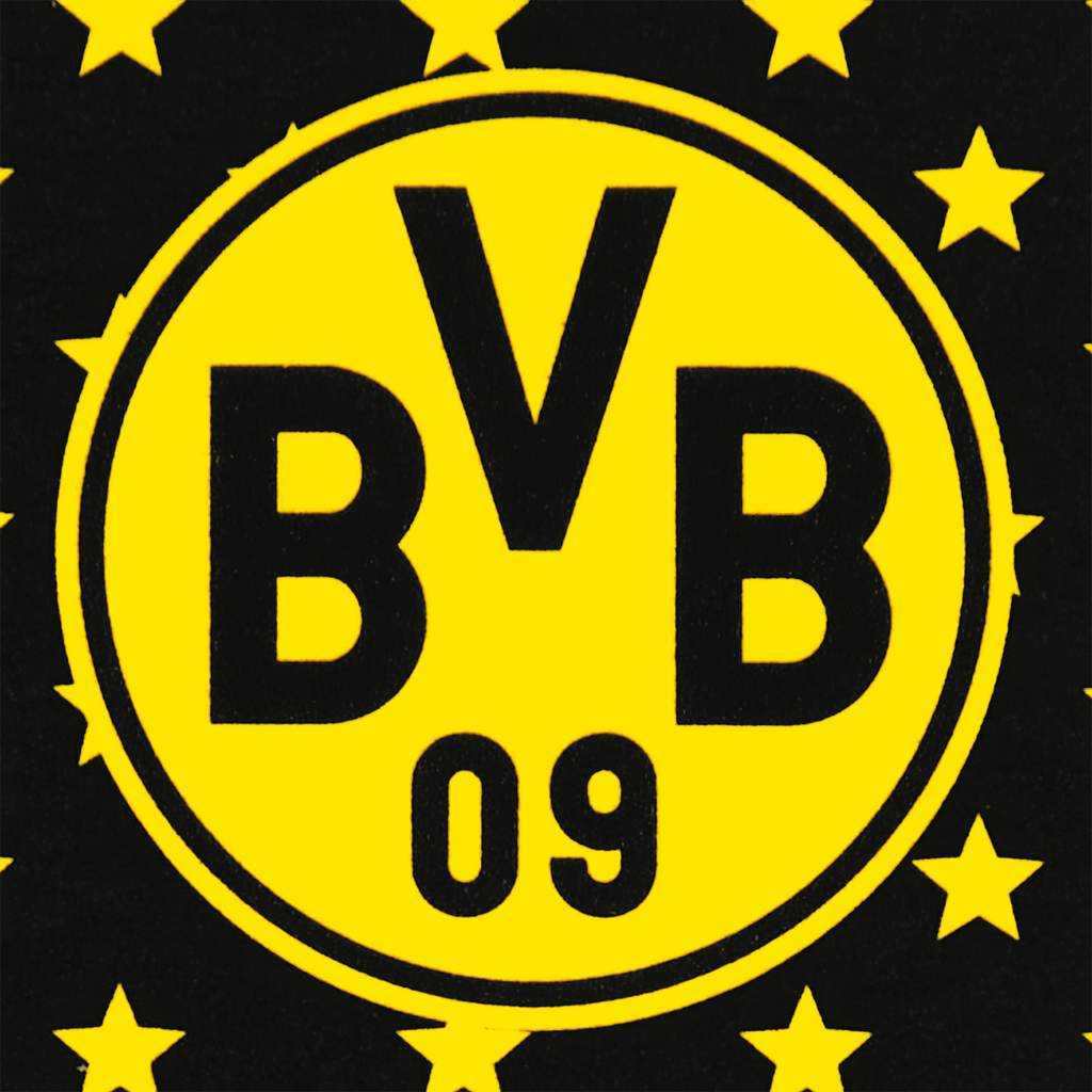 Logotipo del BVB con los colores negro y amarillo, rodeado de un diseño de estrellas, ideal como artículo para aficionados.