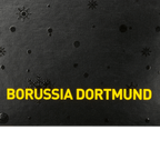 ボルシア・ドルトムントの黒いクリスマスカード。黄色の「Borussia Dortmund」の文字と、エンボス加工された雪の結晶の模様が施されており、ファンアイテムやプレゼントに最適です。