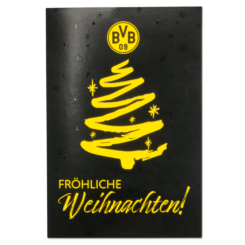 Cartolina di Natale del BVB nei colori nero e giallo, con un albero di Natale giallo stilizzato e il logo del BVB: il regalo perfetto per i tifosi.