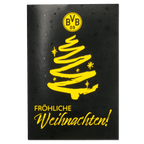 BVBの黒と黄色のクリスマスカード。スタイリッシュな黄色のクリスマスツリーとBVBのロゴがあしらわれており、ファンへのプレゼントに最適です。