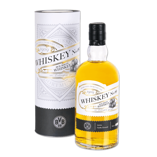 BVB Bourbon Whiskey Nr. 09 in einer stilvollen Flasche mit elegant designter Verpackung, ideal für Fans und Sammler.