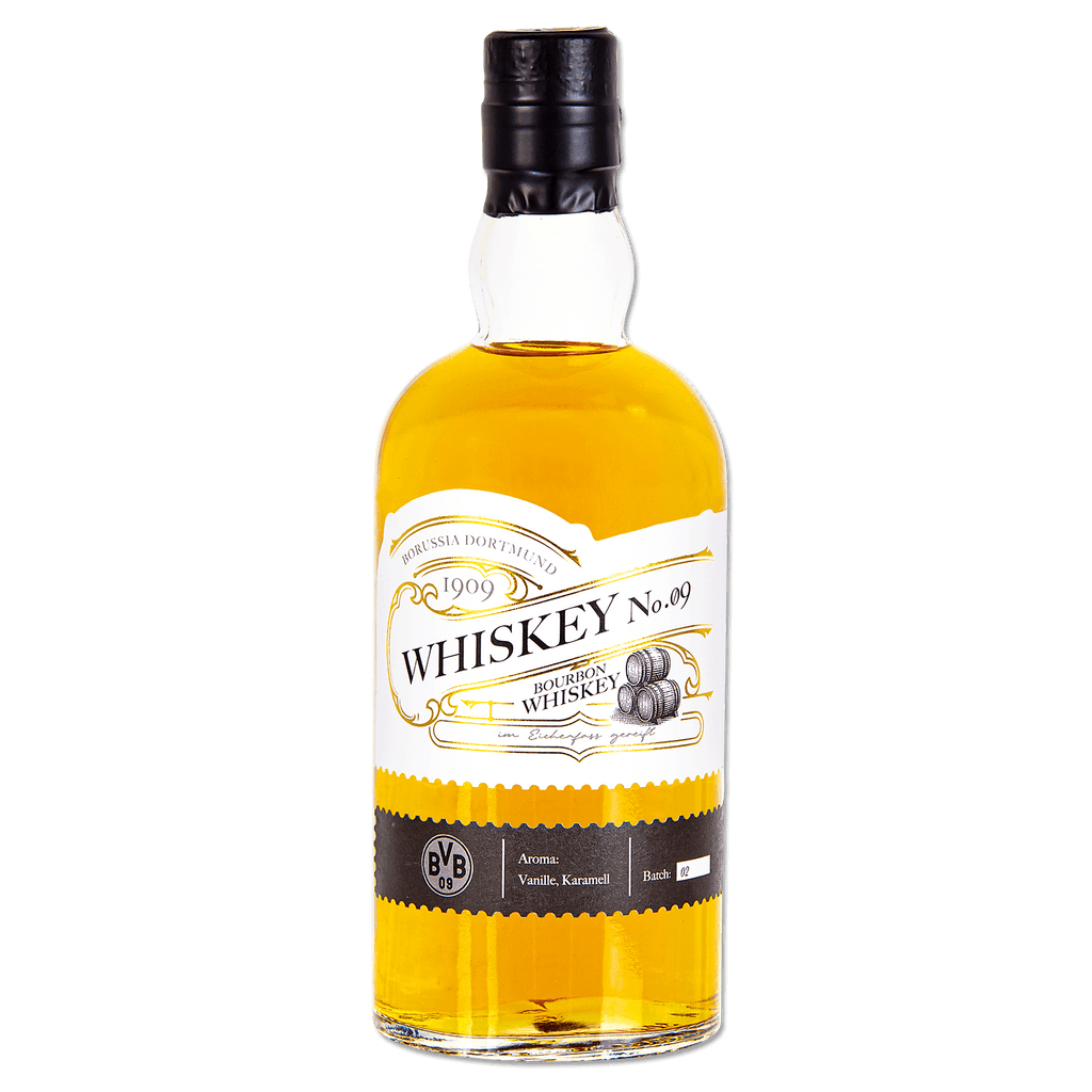 La bouteille de whisky BVB Bourbon n° 09, avec son élégante étiquette noire et jaune, son logo BVB et ses ornements dorés, est idéale pour les fans et les collectionneurs.