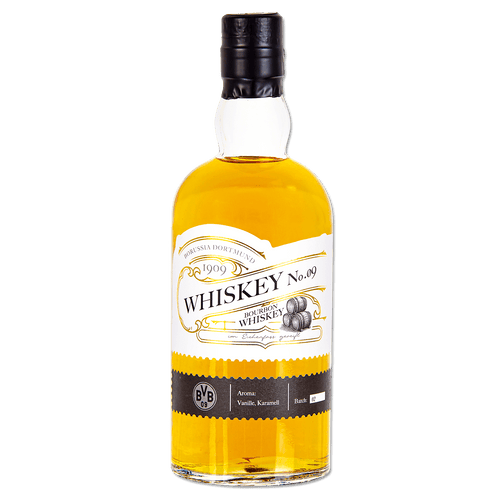 Die BVB Bourbon Whiskey No.09 Flasche mit elegantem schwarzgelbem Label, BVB-Logo und goldenen Verzierungen, ideal für Fans und Sammler.