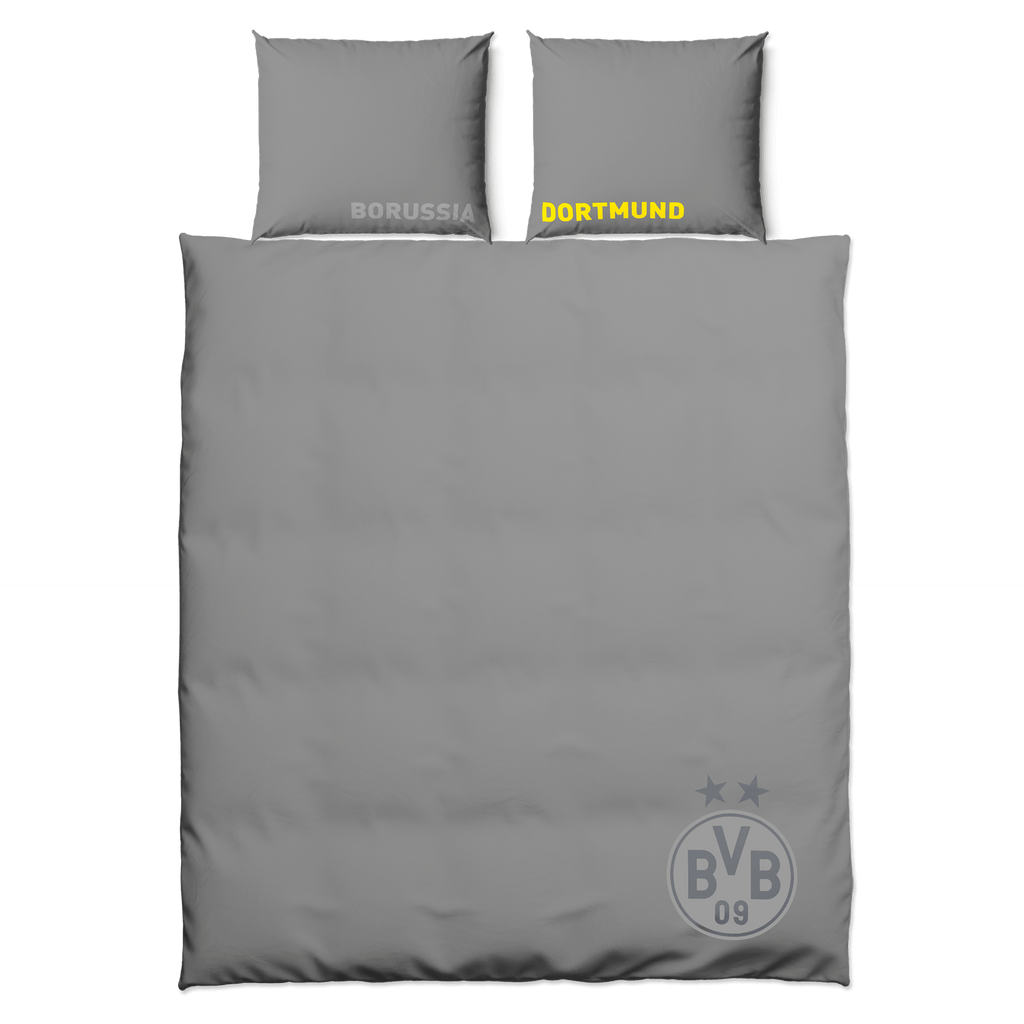 Linge de lit réversible du Borussia Dortmund, de couleur grise, orné de l'inscription « Borussia Dortmund » et du logo BVB, idéal pour les supporters du club.