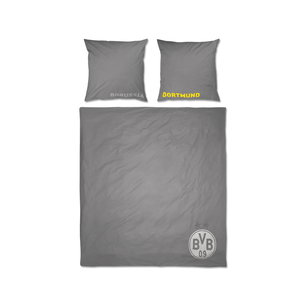 Parure de lit réversible grise du BVB, avec le logo du Borussia Dortmund et l'inscription « Dortmund » en jaune. Idéale pour les supporters du BVB.