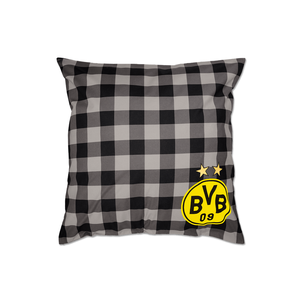Parure de lit réversible du Borussia Dortmund, avec un motif à carreaux noir et gris et le logo jaune du BVB sur la taie d'oreiller, idéale pour les supporters qui souhaitent décorer leur chambre.