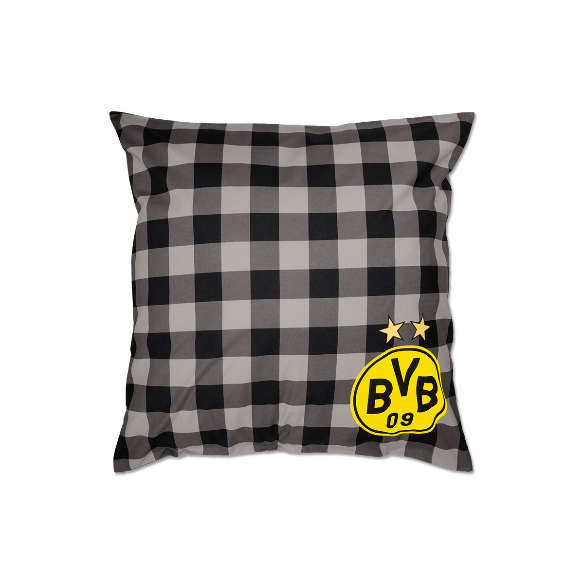 Parure de lit réversible du Borussia Dortmund, avec un motif à carreaux noir et gris et le logo jaune du BVB sur la taie d'oreiller, idéale pour les supporters qui souhaitent décorer leur chambre.