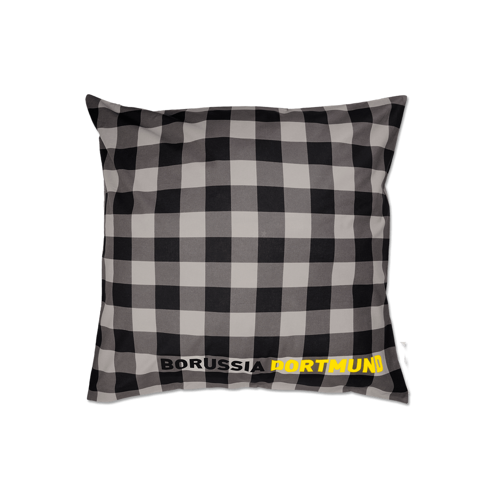 Parure de lit réversible BVB en noir et blanc, avec un motif à carreaux et l'inscription « BORUSSIA DORTMUND » en noir et jaune, idéale comme article de fan pour la décoration intérieure.