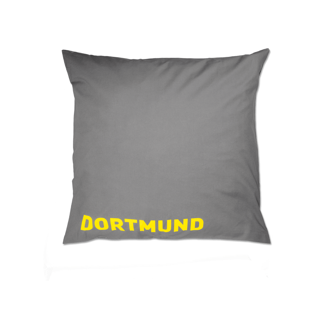 Vue arrière du linge de lit réversible gris du BVB, orné de l'inscription « Dortmund » en jaune. Idéal pour les supporters du Borussia Dortmund.