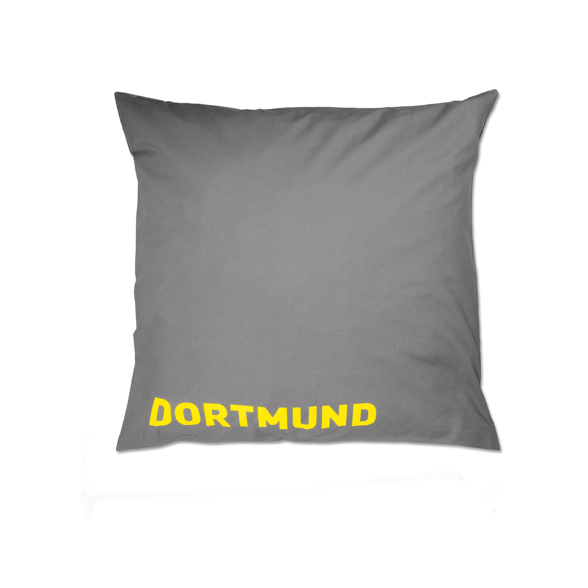 Vue arrière du linge de lit réversible gris du BVB, orné de l'inscription « Dortmund » en jaune. Idéal pour les supporters du Borussia Dortmund.