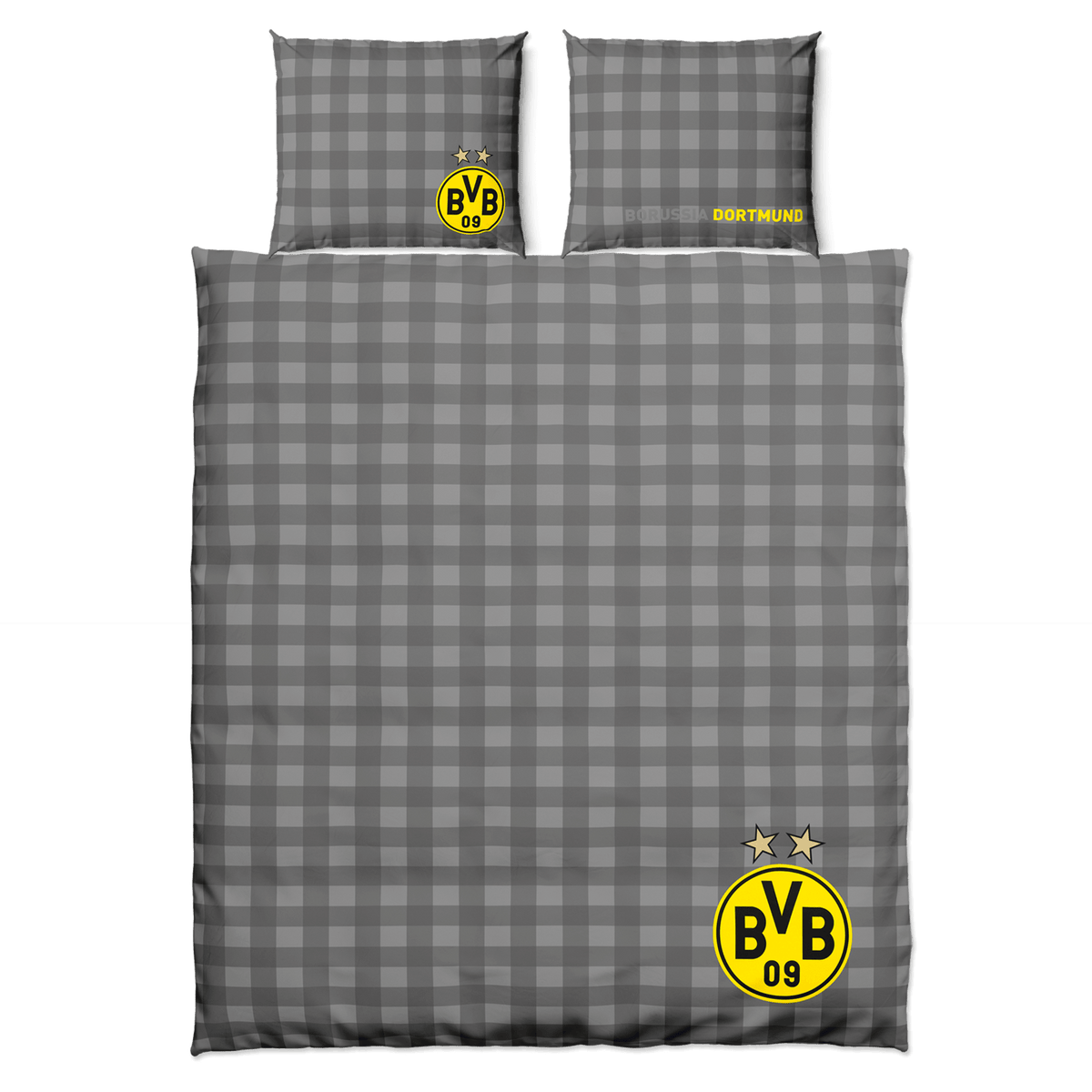 Parure de lit réversible du Borussia Dortmund à carreaux noirs et gris, comprenant une taie d'oreiller, avec le logo du BVB et l'inscription « Borussia Dortmund », idéale pour les supporters, dimensions : 200 x 220 cm.