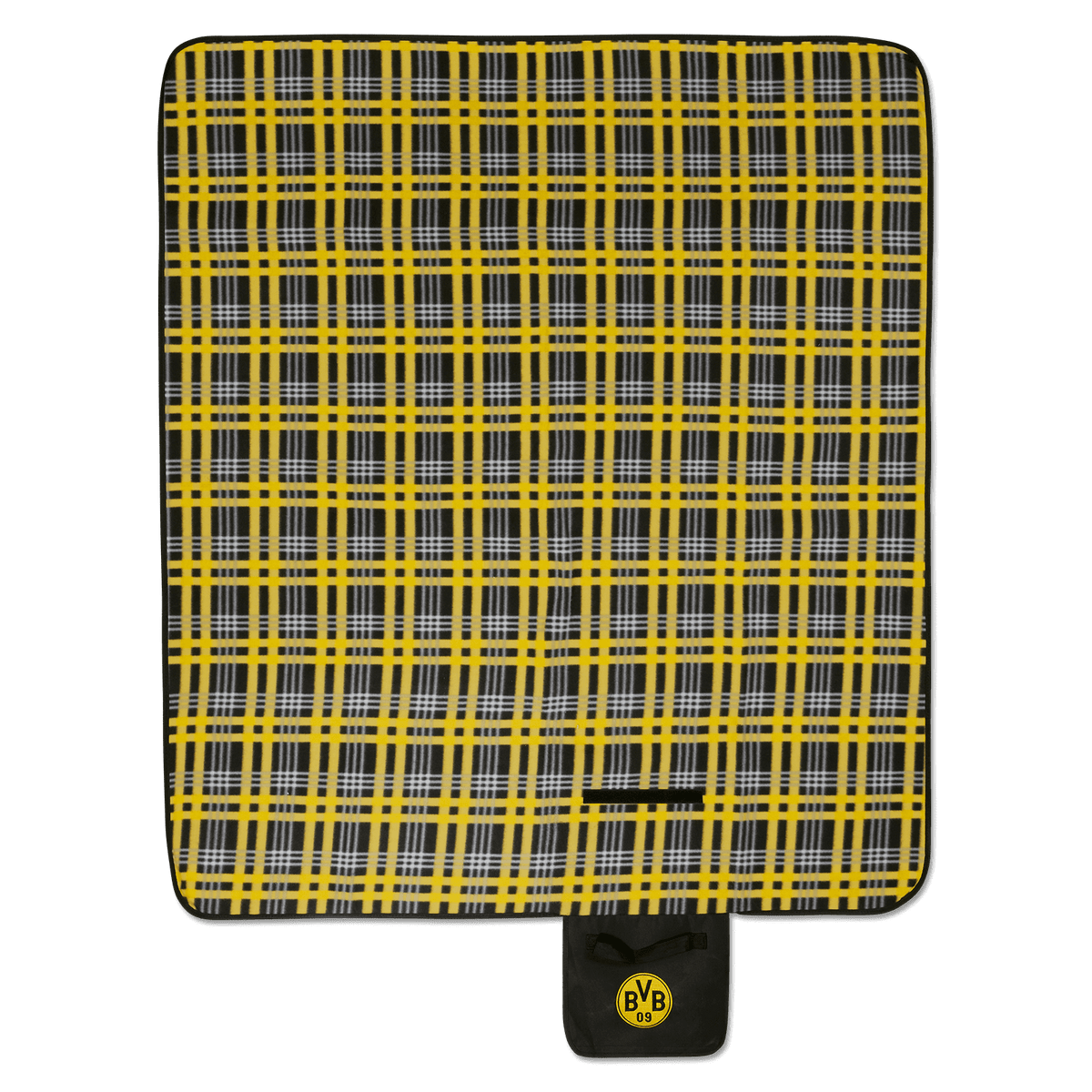 Schwarzgelbe Picknickdecke im karierten Design mit BVB-Logo. Größe 130x150 cm, ideal für Outdoor und Freizeitaktivitäten.