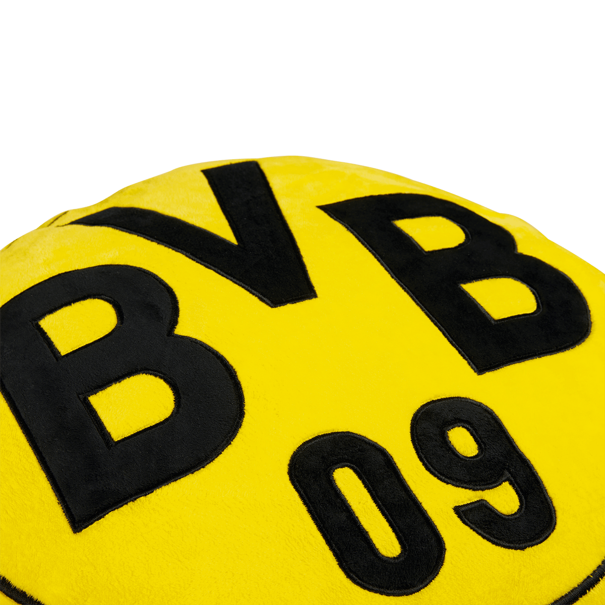 Rundes Kissen in schwarzgelb mit großem BVB 09-Logo, ideal für Borussia Dortmund-Fans und Heimdekoration.