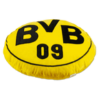 Cuscino rotondo del BVB nei colori nero e giallo, con il logo del BVB e il numero 09 stampati, perfetto come decorazione per la casa dei tifosi del Borussia Dortmund.