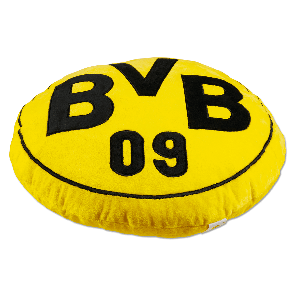 Cuscino rotondo del BVB nei colori nero e giallo, con il logo del BVB e il numero 09 stampati, perfetto come decorazione per la casa dei tifosi del Borussia Dortmund.