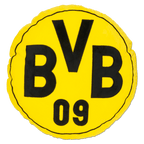 Rundes Kissen in den Vereinsfarben schwarzgelb mit zentralem BVB-Logo und der Jahreszahl 09, perfekter Fanartikel für Zuhause.