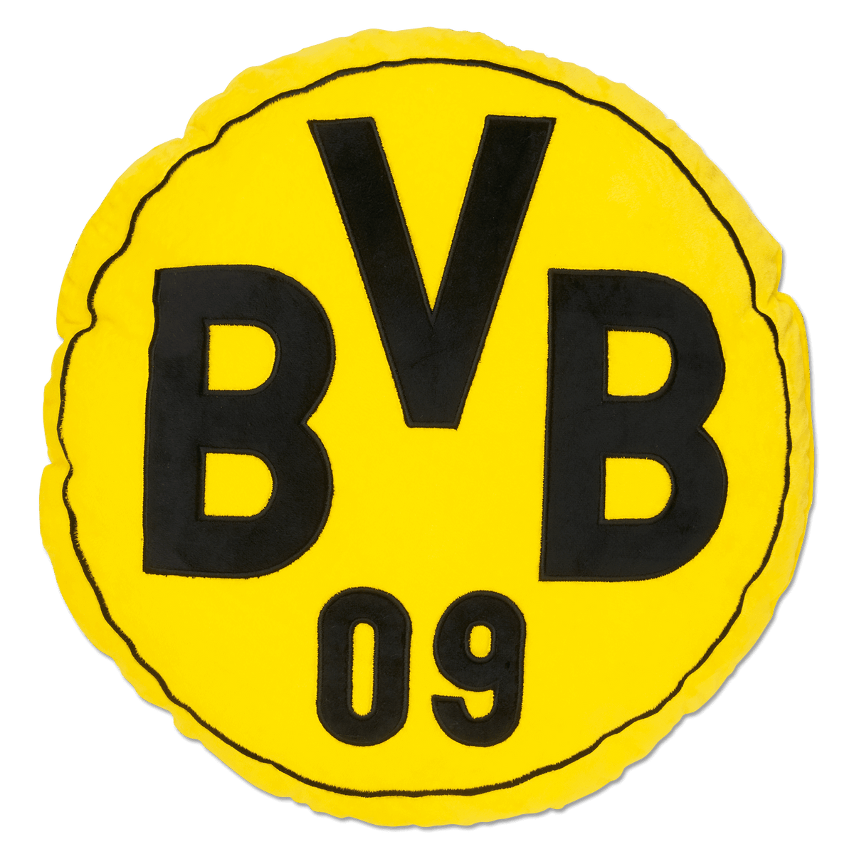 Rundes Kissen in den Vereinsfarben schwarzgelb mit zentralem BVB-Logo und der Jahreszahl 09, perfekter Fanartikel für Zuhause.