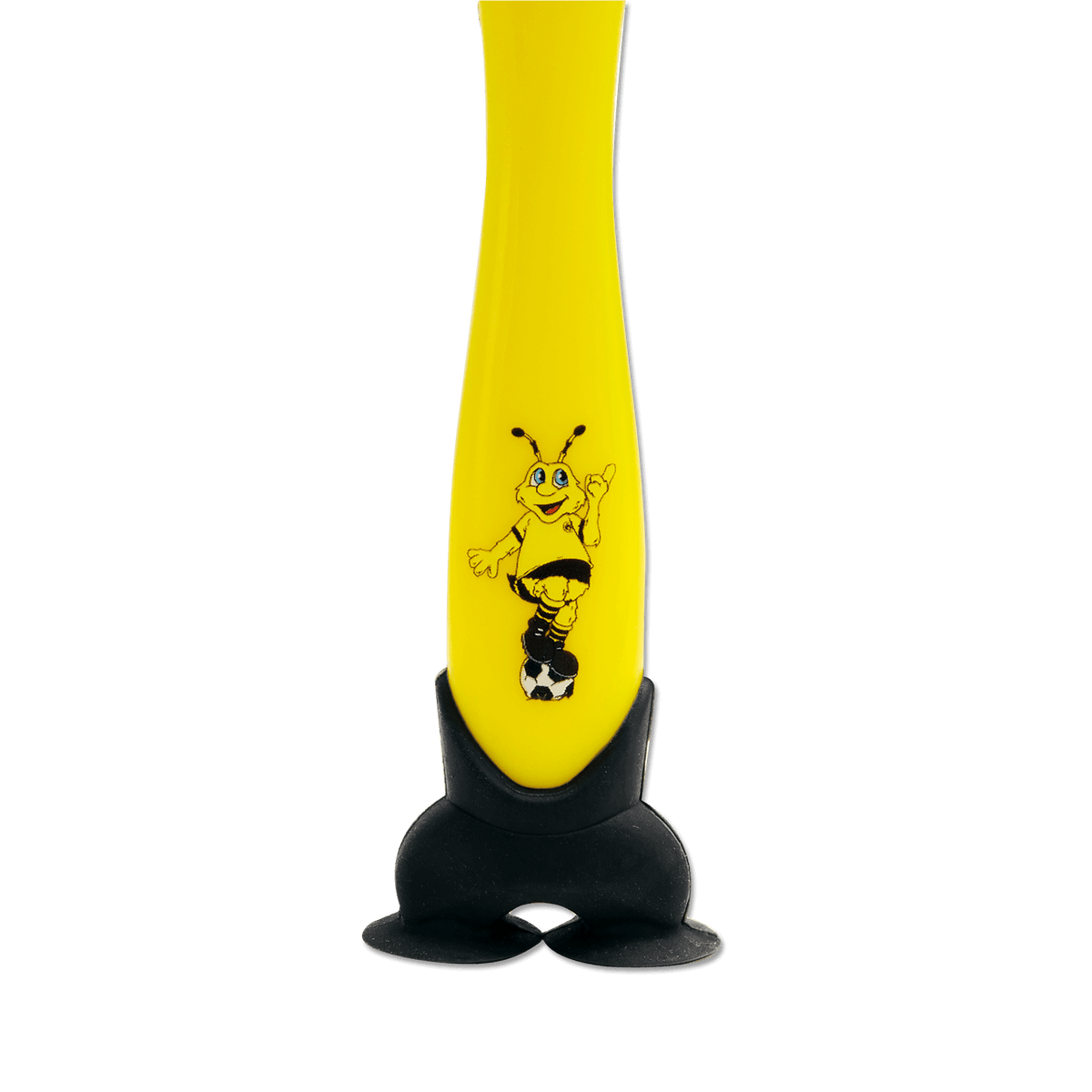 Spazzolino da denti per bambini nei colori nero e giallo, con motivo a forma di ape, design ispirato al calcio e base nera. Articolo ufficiale per i tifosi del Borussia Dortmund.