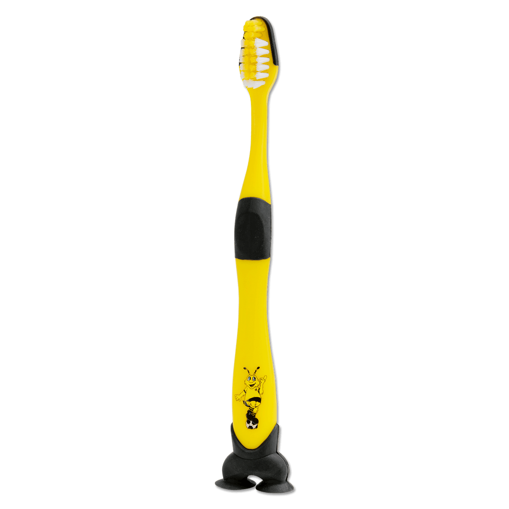 Spazzolino da denti del BVB per bambini nei colori nero e giallo, con motivo EMMA e manico nero antiscivolo.