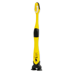 Spazzolino da denti del BVB per bambini nei colori nero e giallo, con motivo EMMA e manico nero antiscivolo.