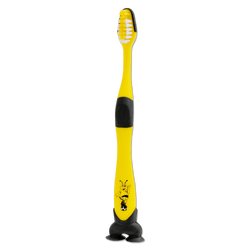 Brosse à dents BVB pour enfants, aux couleurs noir et jaune, avec un motif EMMA et un manche noir antidérapant.