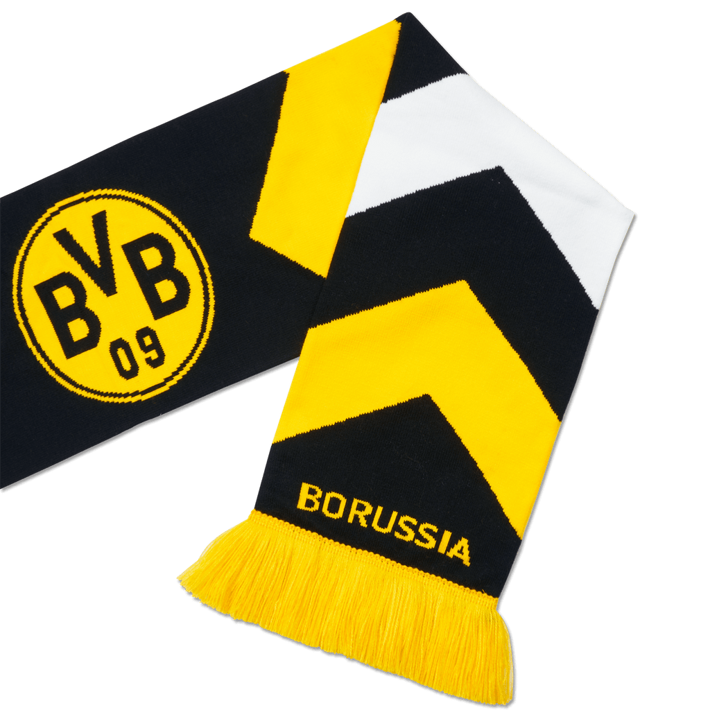 Sciarpa del BVB nera e gialla con motivo a zig zag, logo del BVB, scritta “BORUSSIA” e frange gialle. Perfetta per i tifosi della squadra di calcio Borussia Dortmund.