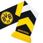 Sciarpa del BVB nera e gialla con motivo a zig zag, logo del BVB, scritta “BORUSSIA” e frange gialle. Perfetta per i tifosi della squadra di calcio Borussia Dortmund.