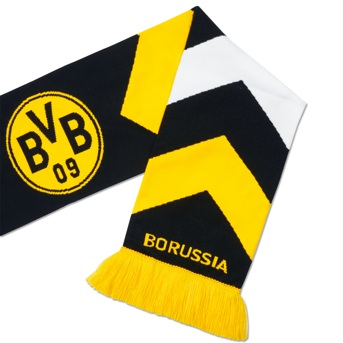 Sciarpa del BVB nera e gialla con motivo a zig zag, logo del BVB, scritta “BORUSSIA” e frange gialle. Perfetta per i tifosi della squadra di calcio Borussia Dortmund.