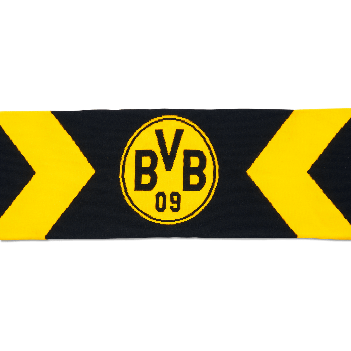 Sciarpa del BVB nei colori nero e giallo con motivo a chevron, logo del BVB e la scritta “1909”, articolo per tifosi del Borussia Dortmund.