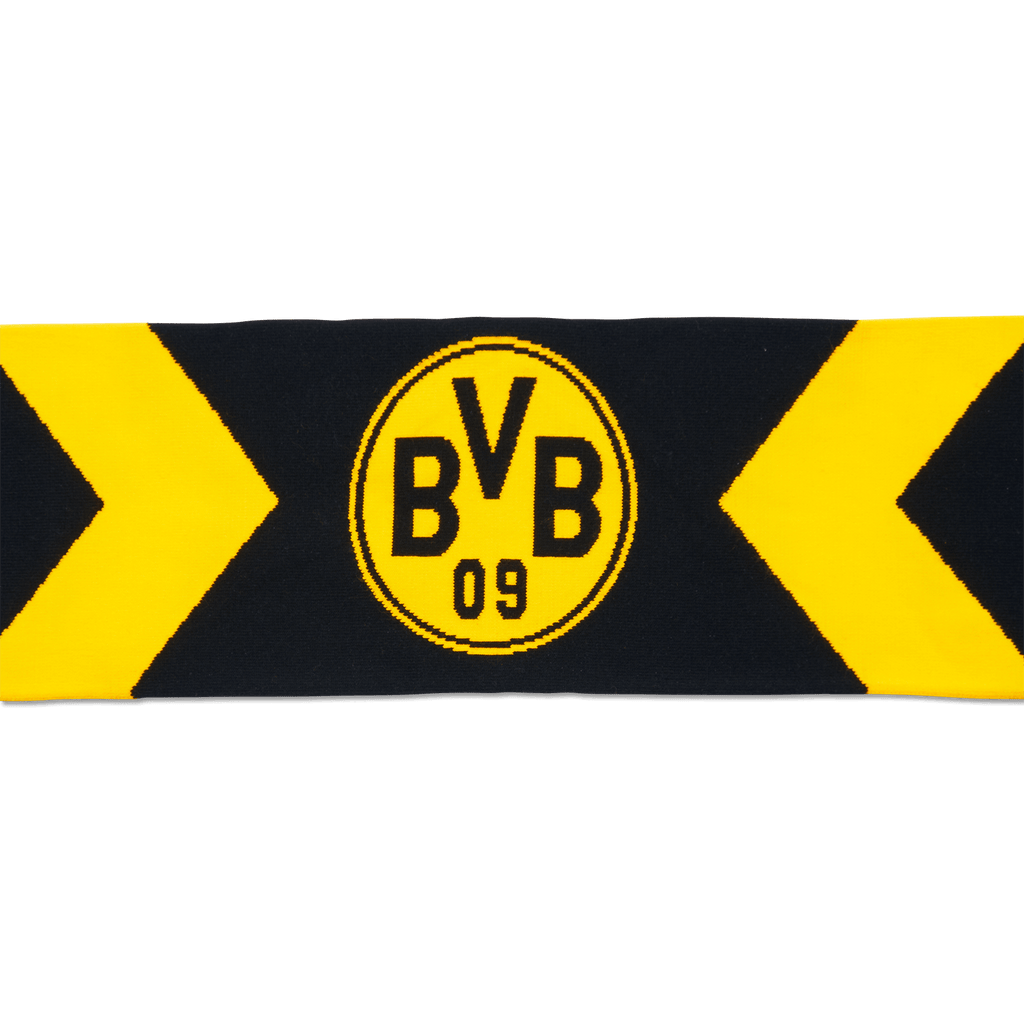 这款黑黄双色多特蒙德（BVB）围巾采用人字纹设计，印有BVB徽标和“1909”字样，是多特蒙德足球俱乐部的官方球迷商品。