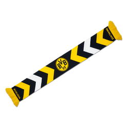 这款BVB围巾采用黑黄双色，带有锯齿形图案、醒目的BVB队徽以及“BORUSSIA”字样，是多特蒙德球迷的完美之选。