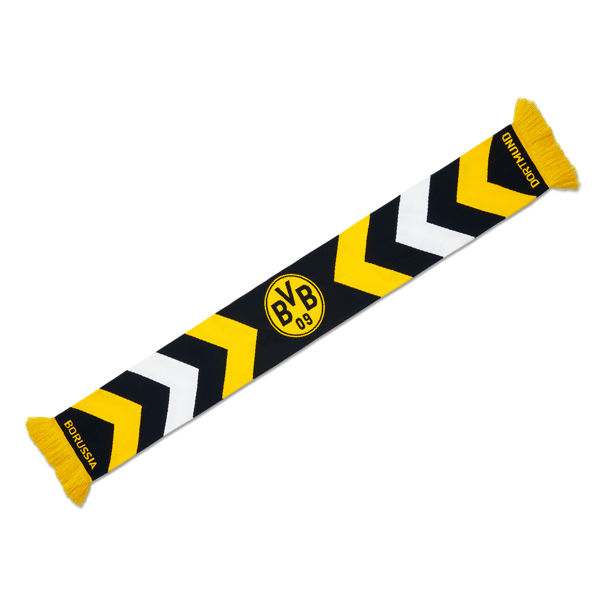 Sciarpa del BVB a zig-zag nei colori nero e giallo, con grande stemma del BVB e scritta “BORUSSIA”. Perfetta per i tifosi del Borussia Dortmund.