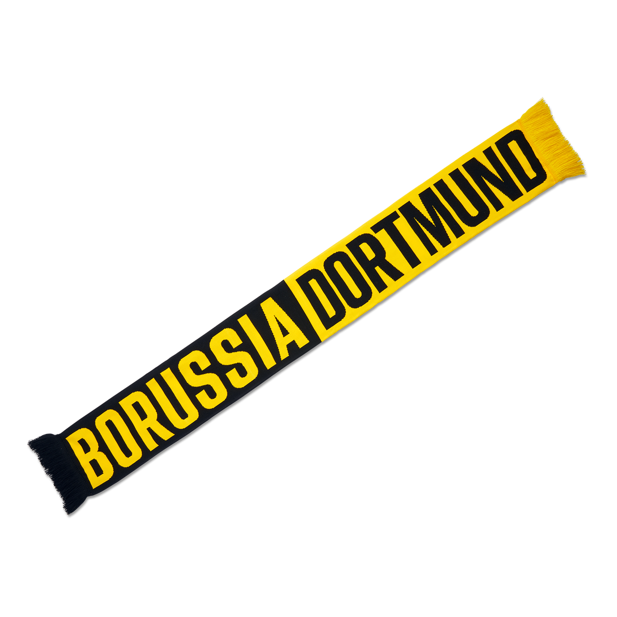 Schwarzer BVB-Schal mit gelbem Borussia Dortmund-Schriftzug, ideal für Fans.