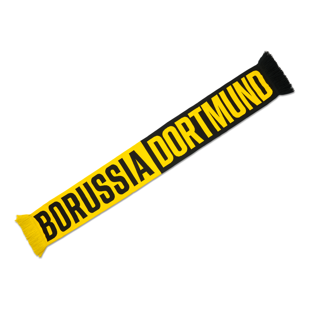 Bufanda del BVB en negro y amarillo con el nombre «Borussia Dortmund» en grandes letras. El complemento perfecto para los aficionados del Borussia Dortmund.