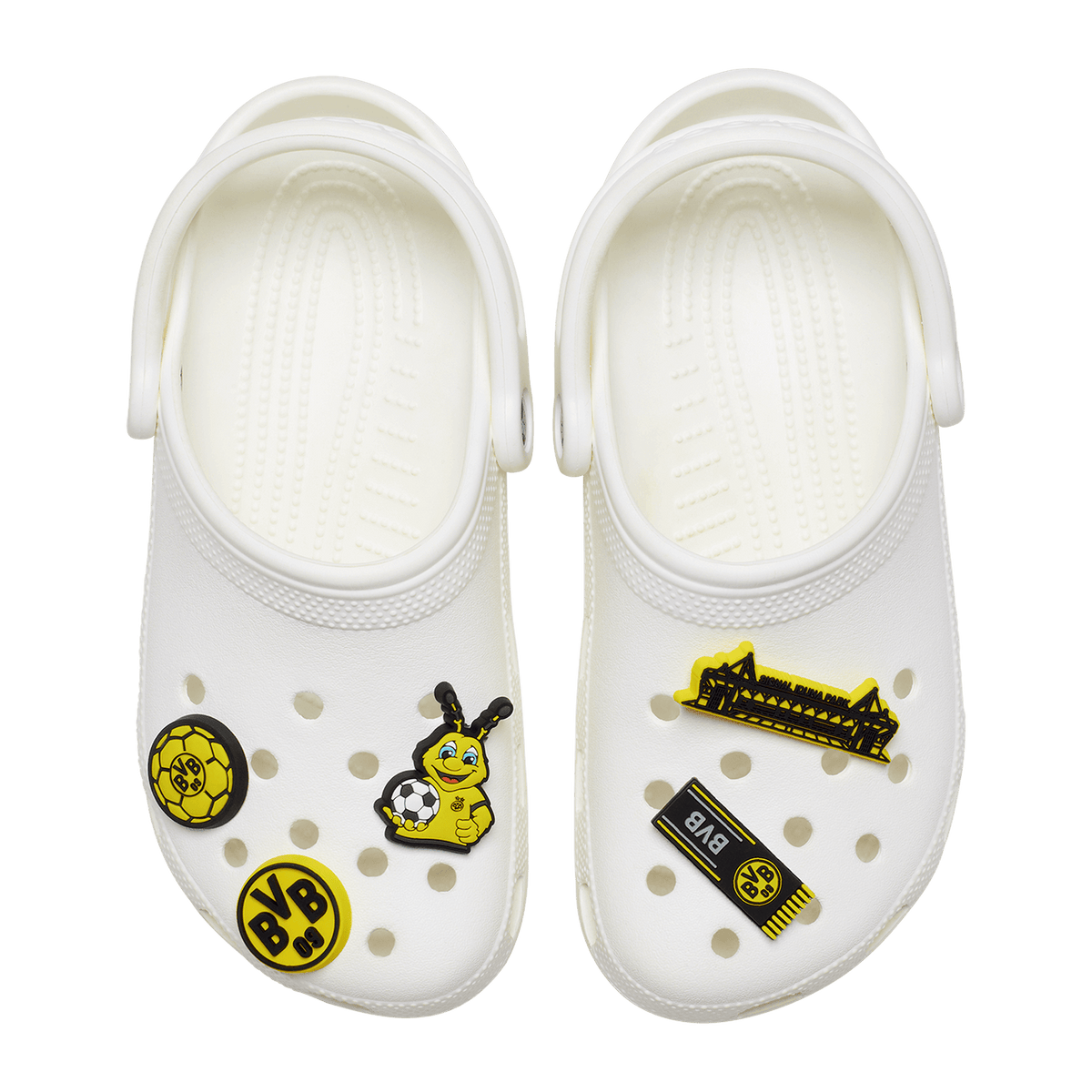 BVB-Fanartikel: 5er Pack Jibbitz für Crocs mit Motiven wie dem SIGNAL IDUNA PARK, dem BVB-Logo und EMMA in den Vereinsfarben schwarzgelb.