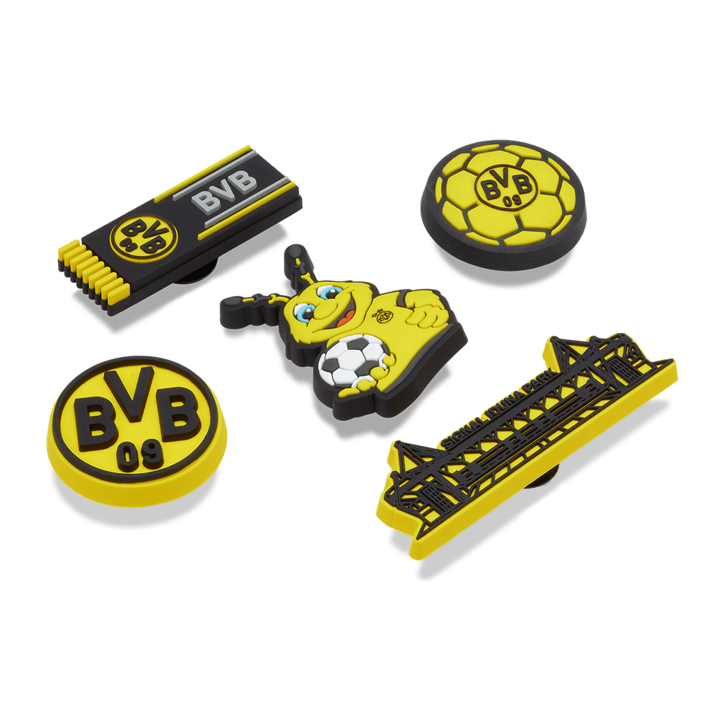 一套五件黑黄配色的多特蒙德（BVB）Crocs Jibbitz装饰件，图案包括EMMA、SIGNAL IDUNA PARK以及BVB徽标，是多特蒙德球迷的理想之选。